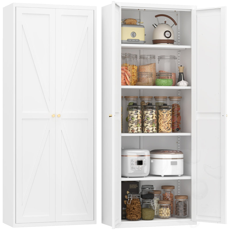 Armoire de rangement en métal avec tablettes réglables et poignées en métal, White