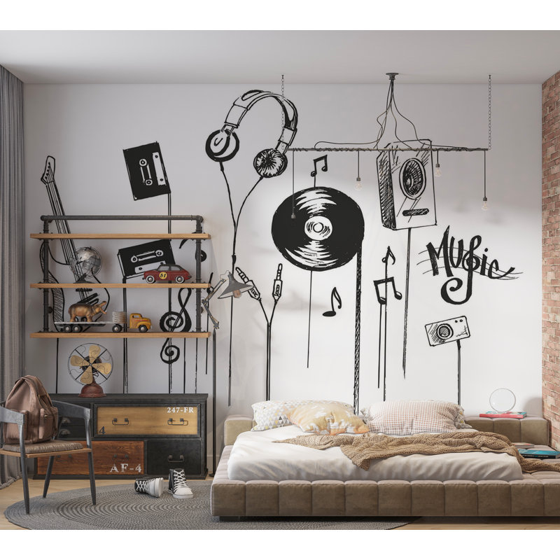 Murale pelez et collez de qualité supérieure - art de griffonnage musical, L 120 po x l 180 po