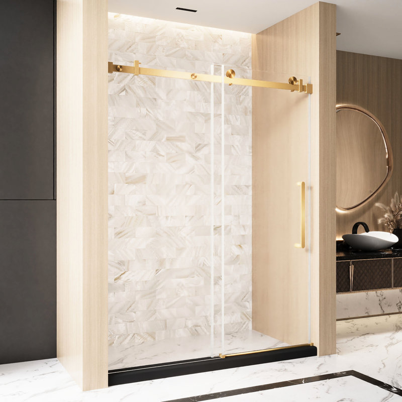 56 - 60 "w X 76" H Brushed Gold Single Sliding Shower Door, 1/4" (6 Mm) Clear Tempered Glass, Film, Stainless Steel Track And Handle, American Design, Large Wheels For Silent Efficient Sliding,