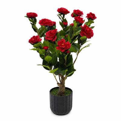 24" Artificial Camellia Tree Cement Base, UV Resistant Faux Potted Plant for Indoor & Outdoor Porch, Red
