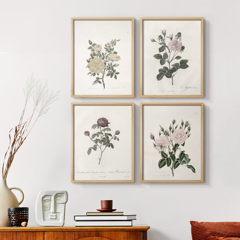 Impression florale rétro CXLIV, ensemble de 4, Noir, H 32 po x l 10 po