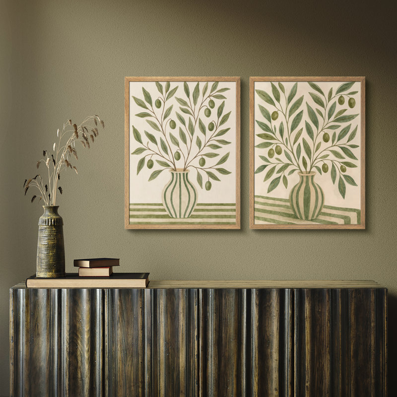 "Olive Branch", ensemble de 2 reproductions d'art mural encadrées dans un vase, Naturel, H 10 po x l 8 po
