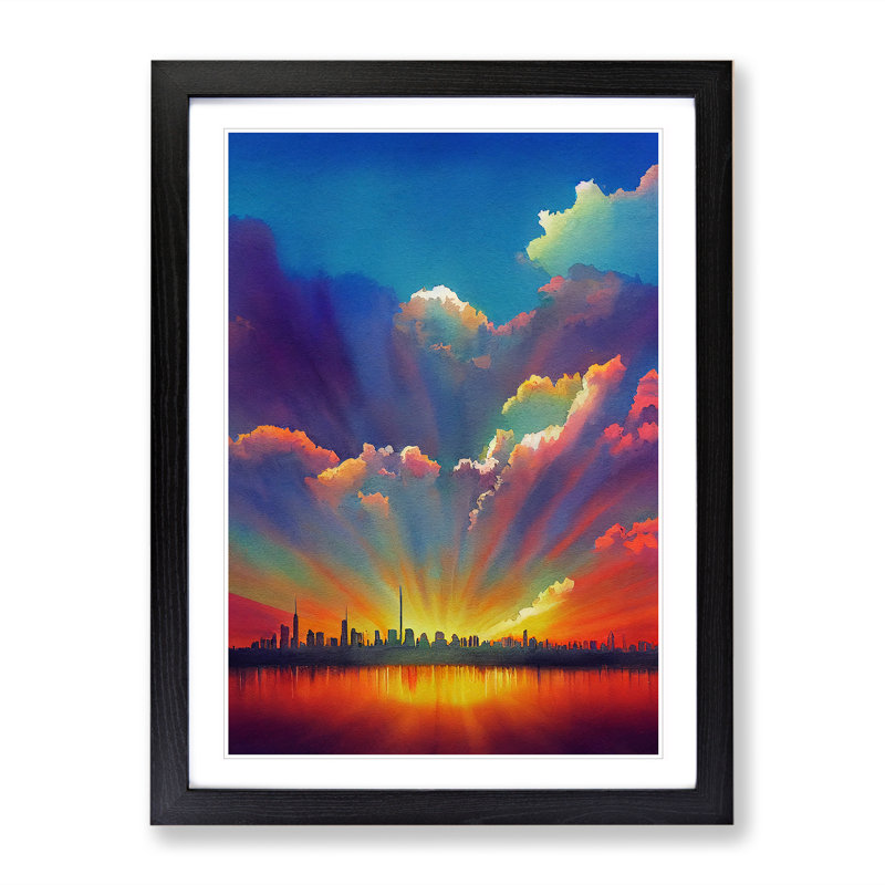 City Skyline In Watercolour No.4 - Single Picture Frame Print, Black, 64cm H x 46cm W x 2cm D