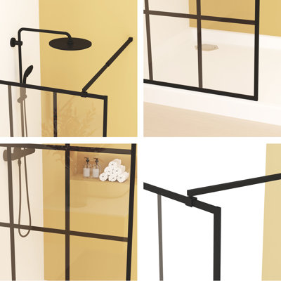 Écran de douche encadré en verre l 34 po x H 72 po avec verre trempé sérigraphié 1/4 po 6 mm, aluminium noir mat et barre de support, porte de douche