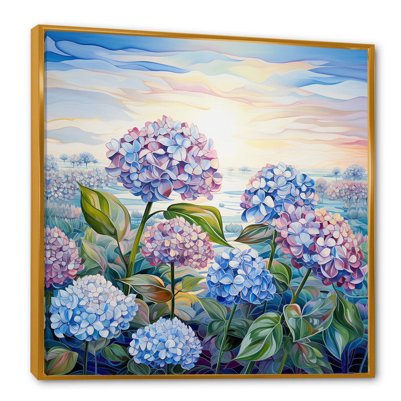 Hydrangée mauve par The Late I sur toile, H 16 po x l 16 po x P 1 po, Cadre flottant doré
