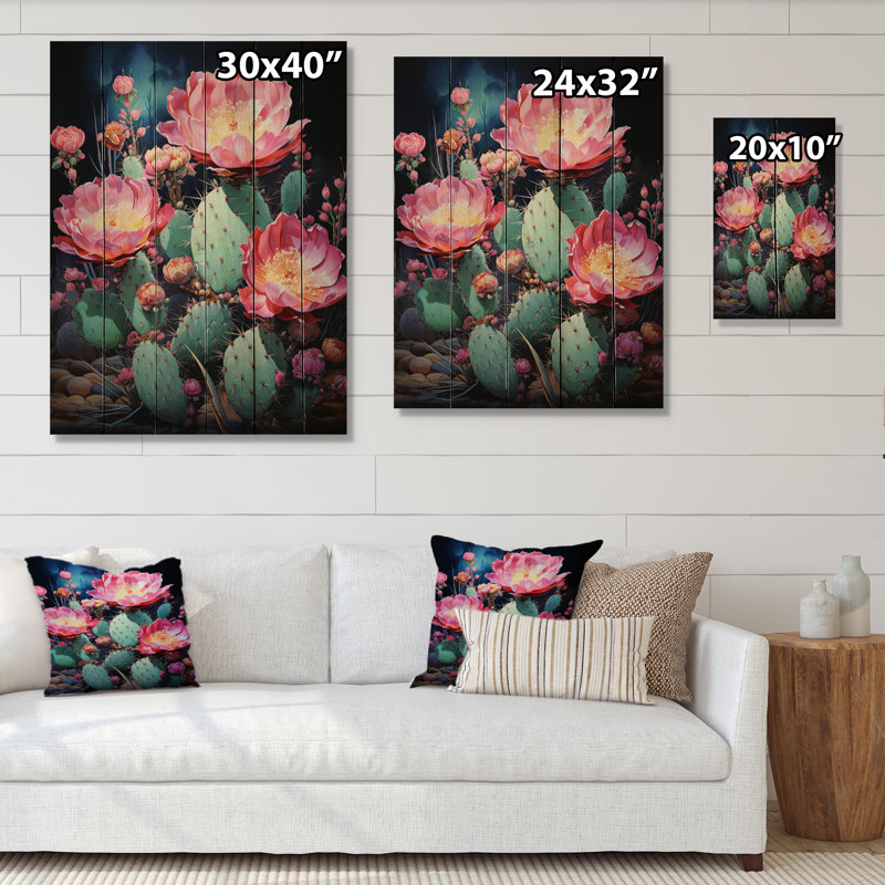 Cactus rose, vert, désert, épineux II sur bois, H 20 po x l 10 po x P 0,78 po