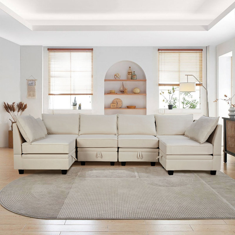 Canapé modulaire à méridienne rembourré Cossio, 100 % lin beige