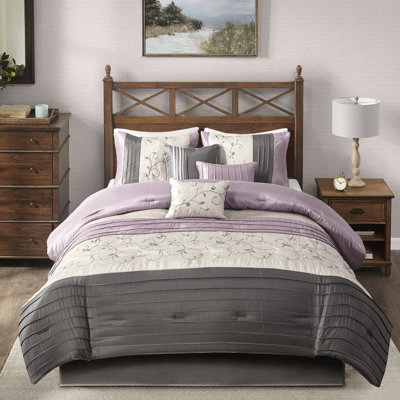 Édredon 7 pièces grand mauve - bourre décorative brodée 2 taies décoratives, 3 coussins, 1 édredon, jupe de lit