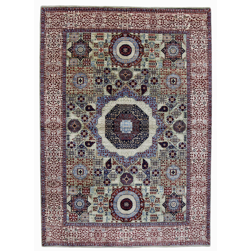 Tapis vert mer et beige noué à la main, Rectangle 4 pi 11 po x 7 pi