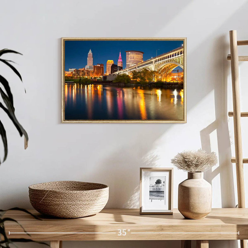 Cleveland Downtown, 19" X 13", Floating Frame Natural Wood