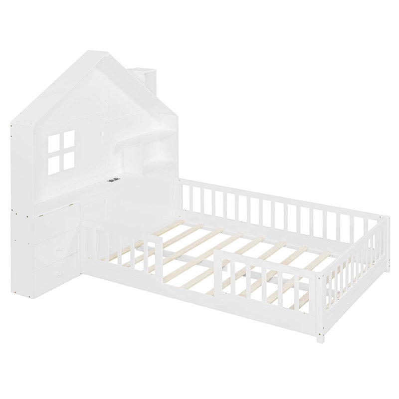 Twin Size House Bed with Window and Bedside Drawers, Platform Bed with Shelves and a set of Sockets and USB Port, Full, White