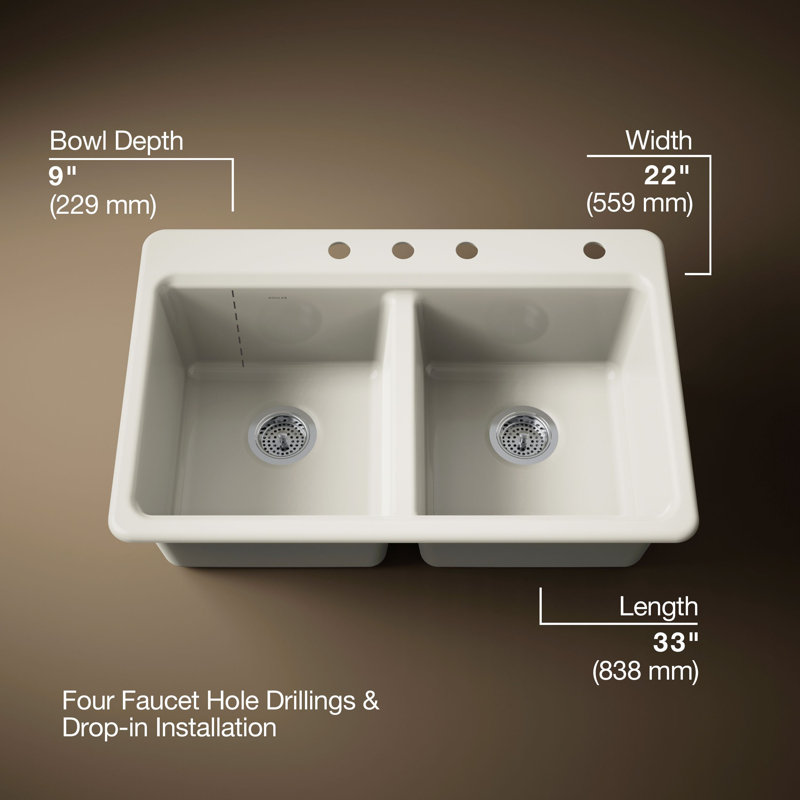 Riverby 33 In. Top-Mount Double-Bowl Kitchen Sink, Biscuit, 1 hole, Double-equal bowls