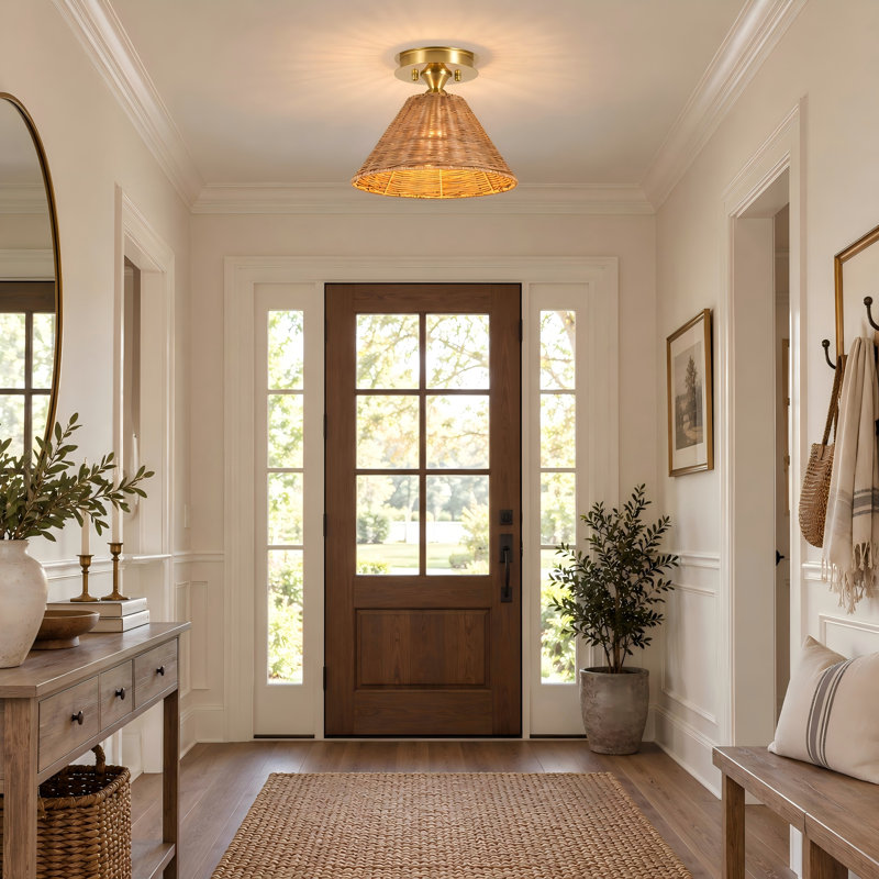 Cavello 1-Light Dimmable Woven Rattan Cone Flush Mount Ceiling Light