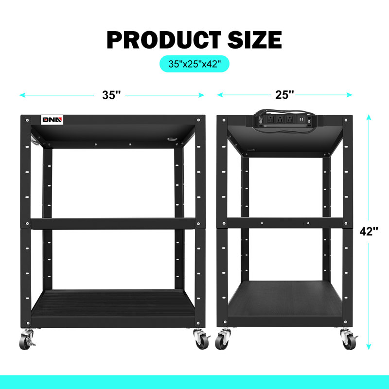 Adjustable Black Steel 3-Shelf Rolling Utility AV Cart