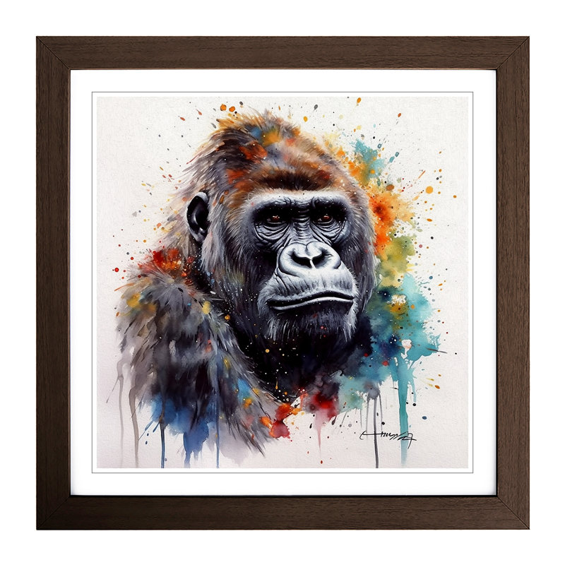 Gorilla Watercolour No.1 - Single Picture Frame Square Print on Wood, Walnut
