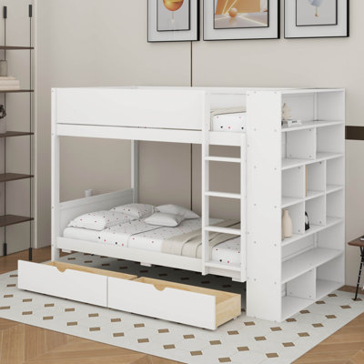 Lit superposé simple au-dessus de simple avec tiroirs et armoire
