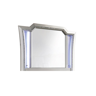 38"H Modern Luxury White Framed Vanity Mirror With Rhinestone Inlay and LED Light Strip