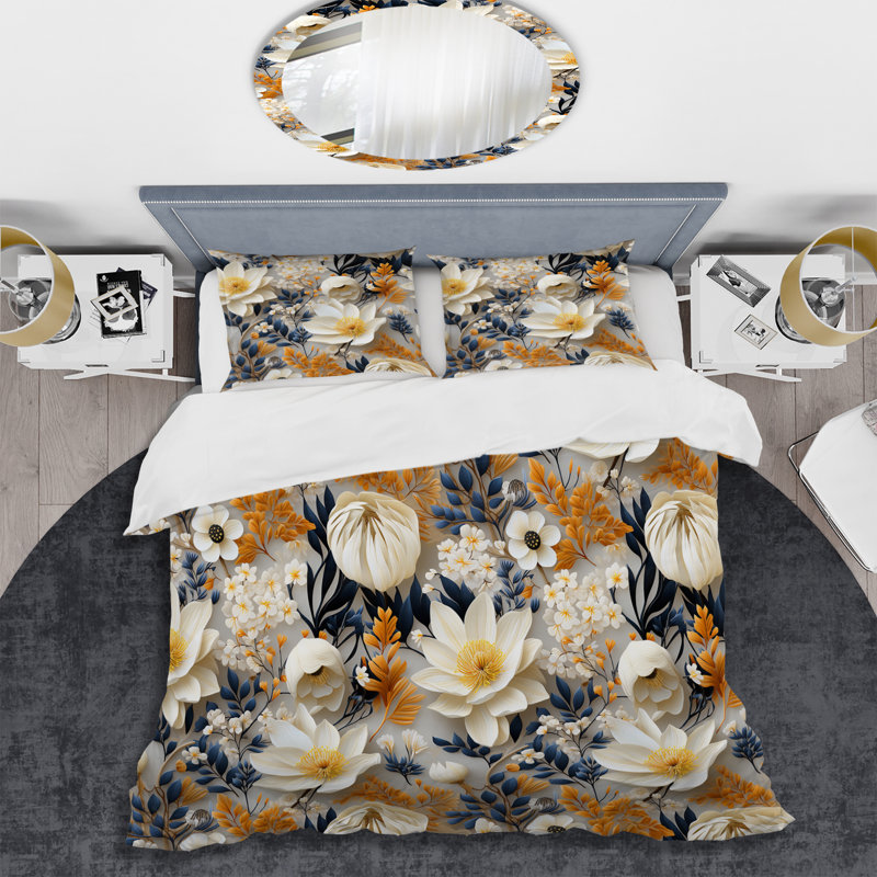 Literie bleu foncé et blanche à motif jonquille Allure, Housse de couette pour très grand lit et 2 très