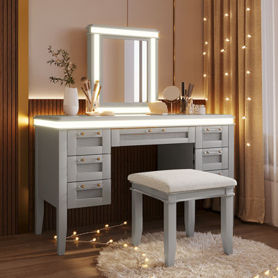 [OLD SKU: N704P337484E] Meuble-lavabo de 48 po avec miroir et lumières, coiffeuse de maquillage avec 7 tiroirs et tabouret rembourré, coiffeuse avec tiroir à conception creuse, pieds en bois d'hévéa, gris-bleu