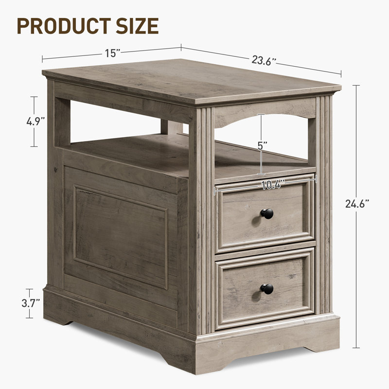 24.6"H Farmhouse End Table with 2 Drawers, Narrow Sofa Side Table with Storage and Open Shelf, Wooden Nightstand