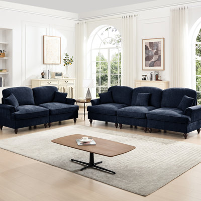 Ensemble de 2 pièces bleues avec pieds fuselés, dossiers en forme de fleur et chenille pour les accoudoirs évasés modulaires classiques, tissu fileté argent, plusieurs configurations