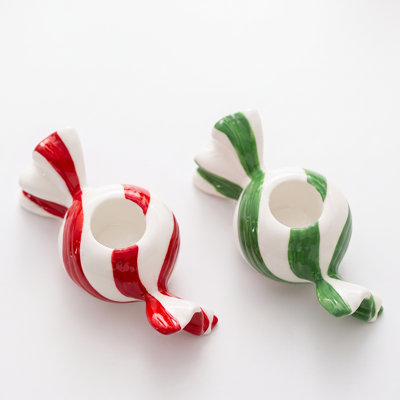Striped Candy Candle Holder - Red
