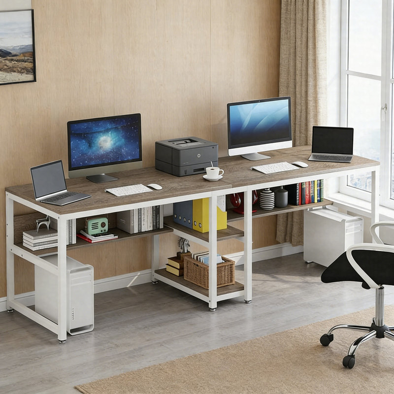 78.7" Double Computer Desk For Two – Industrial Rustic Home Office Desk With Bookshelf, Rustic Brown/Black