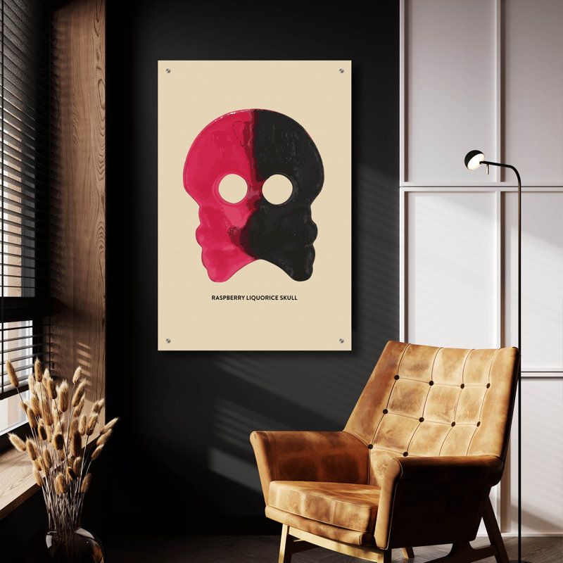 «Raspberry Liquorice Skull» par Andreas Magnusson, art mural en verre acrylique, H 36 po x l 24 po x P 0,2 po