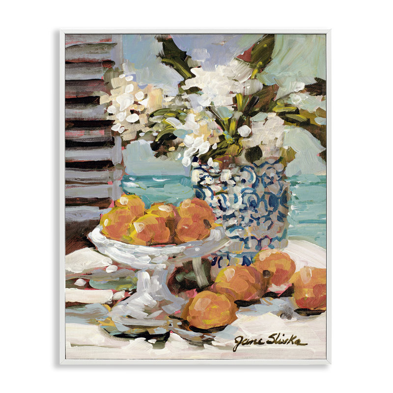 «Coastal Fruits Still Life» par Jane Slivka, Estampe numérique encadrée blanc bord de mer, H 14 po x l 11 po