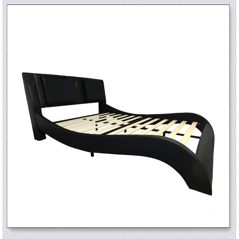 Structure de lit tapissier en similicuir avec éclairage DEL, connexion Bluetooth, Noir