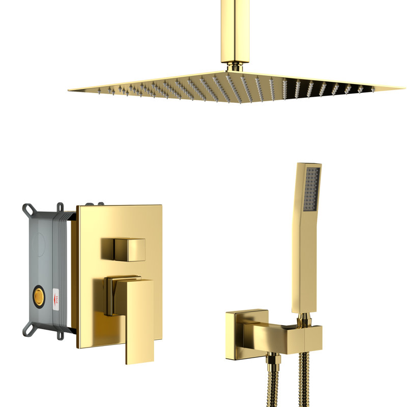 16 Inch Square Dual Shower Head - Gold System With Rainfall Experience And Holder Easy Installation Kit, Gold 