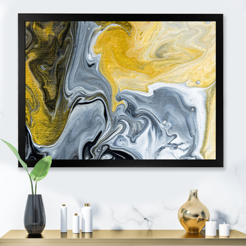 Noir noir, blanc et marbre abstrait II - peinture sur toile, Cadre noir, H 24 po x l 32 po