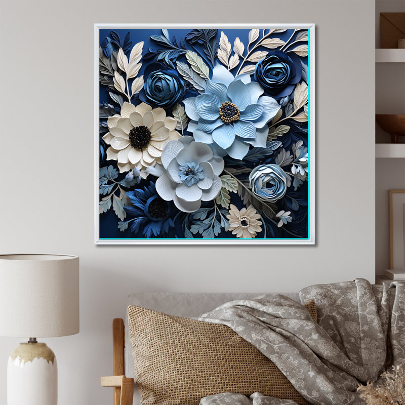 Aquarelle de fleurs saisonnières bleues et blanches sur toile, H 36 po x l 36 po x P 1,5 po, Cadre flottant blanc