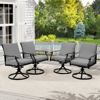 Outdoor Metal Swivel Chairs Set Of 4, Swivel Rocker Dining Chair With 3.54” Thick Cushions, Patio Dining Rocker Chairs For Garden Backyard Bistro, Black ( Gray Cushions)