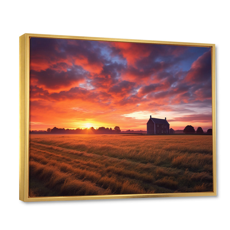 «Glorious Sunset Over Flanders Wheat Fields», reproduction sur toile, Cadre flottant doré, H 16 po x l 32 po x P 1 po