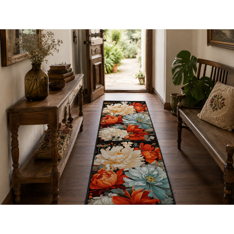 Flower Colored Modern Patterned Washable Carpet, Rectangle 5'2" x 7'7"