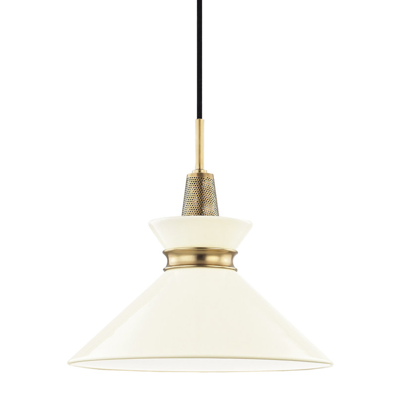 Luminaire suspendu conique à 1 lumière Corby, Laiton vieilli, Crème, H 13,25 po x l 14 po x P 14 po