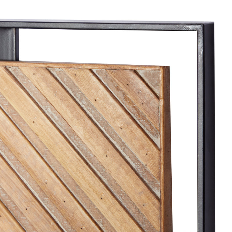 Wooden Handmade Linear Carved Geometric Brown Wall Decor with Black Frame Set