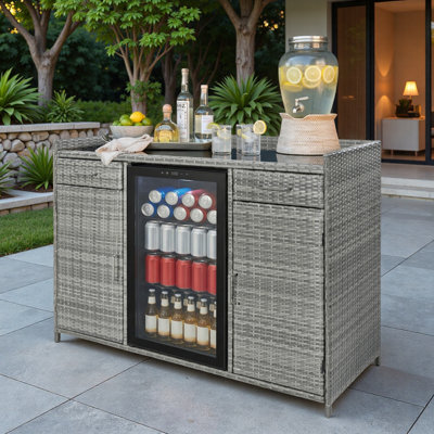 Outdoor Wicker Storage Cabinet With Black Tempered Glass Desktop, Fridge Space, 2 Glass Bottle Holders, 2 Large Drawers And Adjustable Shelves