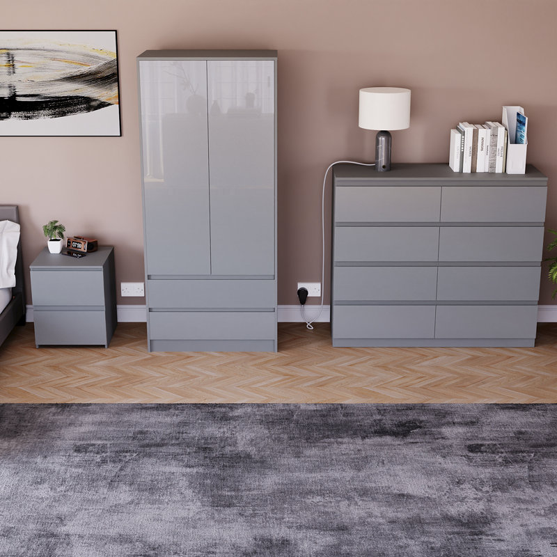 Oslo 3 Piece Bedroom Set (2 Drawer Bedside Chest, 8 Drawer Chest, 2 Door 2 Drawer Wardrobe), (100% FSC), Grey