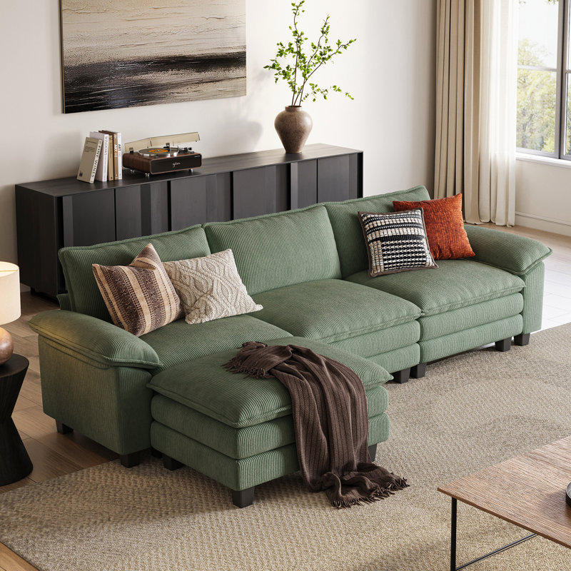 Colbey 123'' Oversized Corduroy Cloud Couch U Shaped Couch, Green