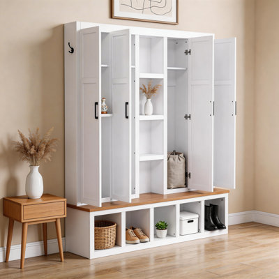 White Farmhouse-Style Four-In-One Entryway Coat Rack, 62.8 Inches Wide, With 6 Hooks, Open Shelves, And A Bench, Suitable For Living Room And Hallway.