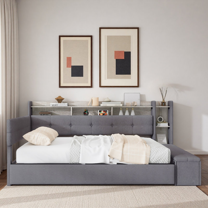 Upholstery Daybed With Storage Footstool, Shelves, Trundle, Usb Charging And Led Light, Gray, Twin