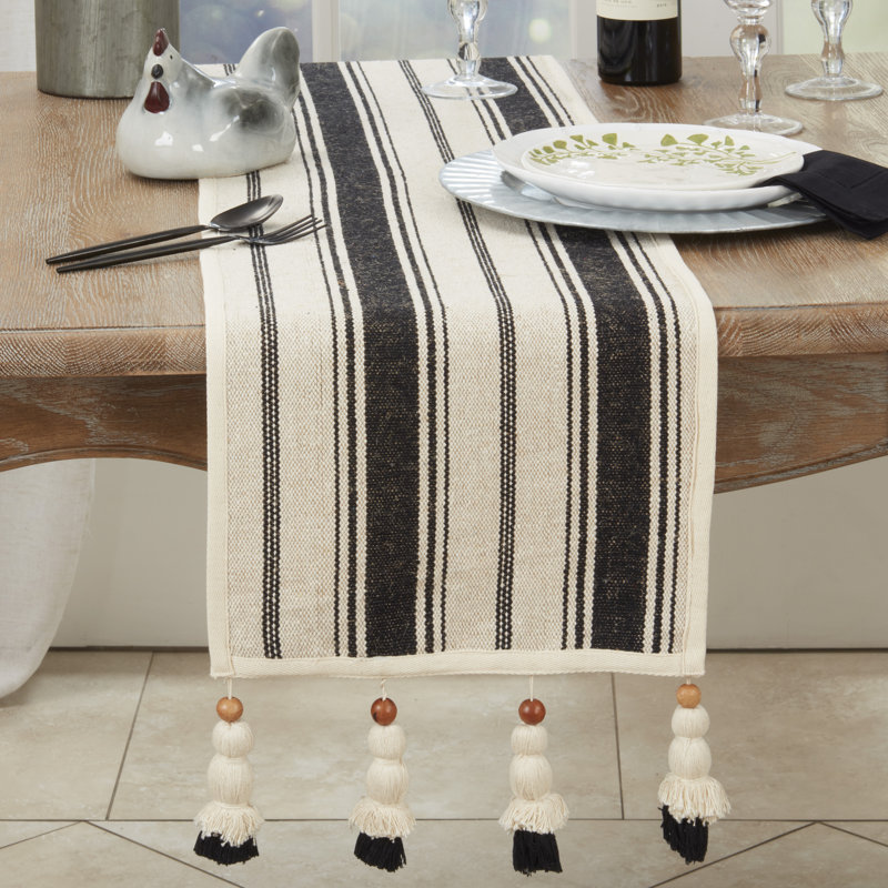Black and Natural Cotton Table Runner with Wood Bead Tassels