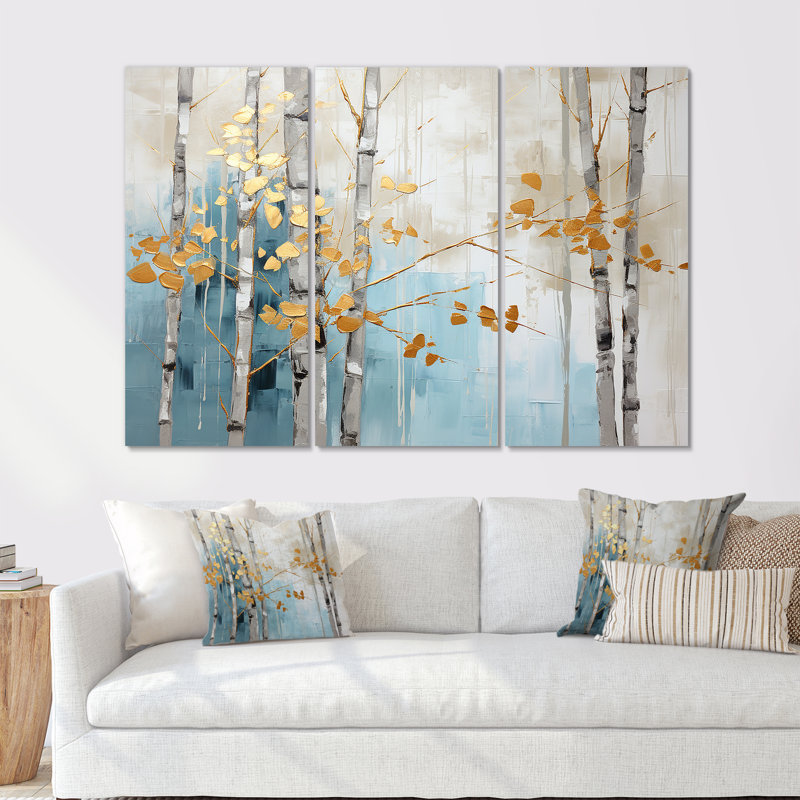 Ensemble de décorations murales en bambou bleu et doré Zen Moment, Toile tendue, H 32 po x l 48 po x P 1 po