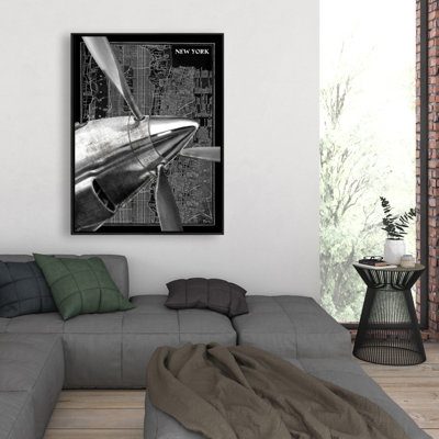 Airplane Over New York Canvas - Modern Grey Framed Wall Art