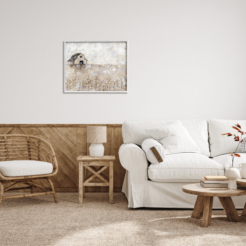 White and Beige Landscape Canvas Print with Barn and Cotton Fields