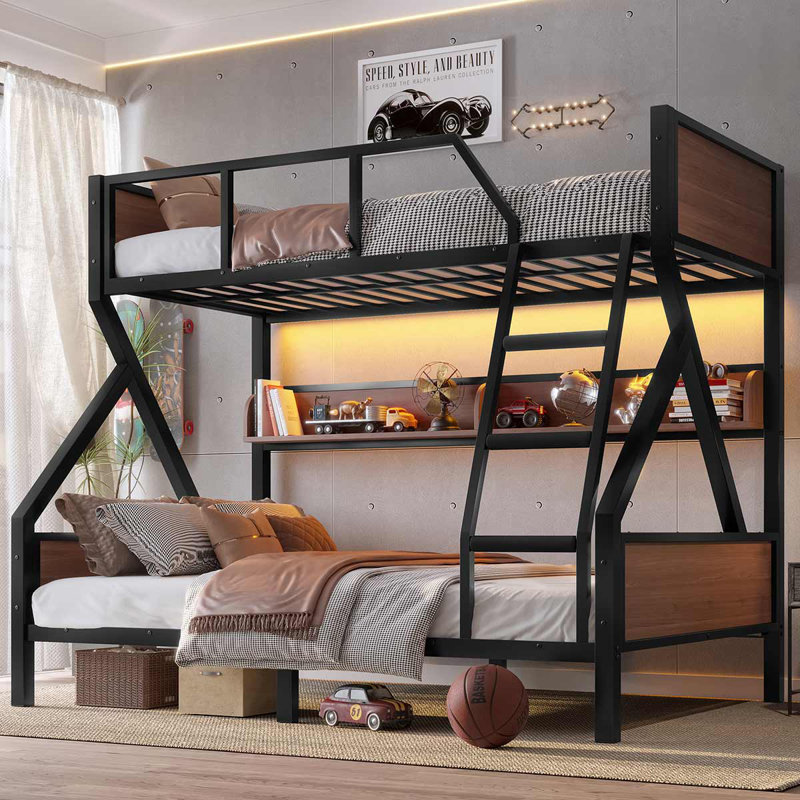 Metal Bunk Bed With Built-In LED Light & Storage Shelves Safe Design For Kids & Adults, Brown/Black, Twin Over Full