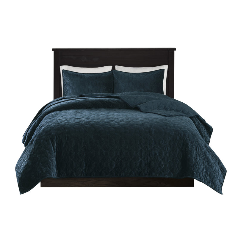 Ensemble de courtepointe en velours bleu sarcelle 3 pièces pour lit très grand / très grand californien avec matelassage géométrique et traitement antimicrobien