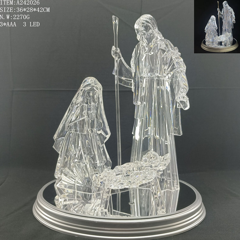 LED Lighted Acrylic Holy Family Nativity Scene On Mirror Christmas Decoration - 17"